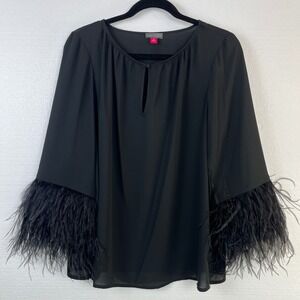 Vince Camuto Black Feather Trim‎ Bell Sleeve Sheer Blouse Size Medium Whimsigoth